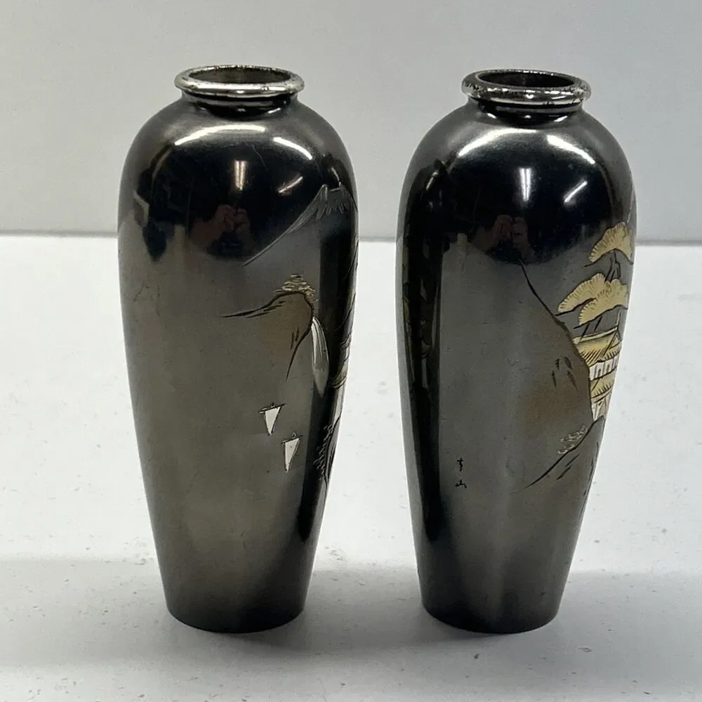 Bundle Deal‎ - 2 Vintage 4-3/4” Japanese Etched Metal Vases